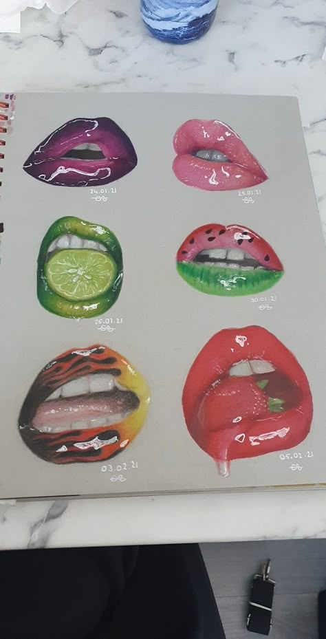 drawing of 6 pairs of lips Colored Pencil Artwork Ideas, Lip Artwork, Fruit Art Drawings, Colored Pencil Art Projects, Lip Drawing, Prismacolor Art, Boho Art Drawings, Colored Pencil Artwork, Lips Drawing