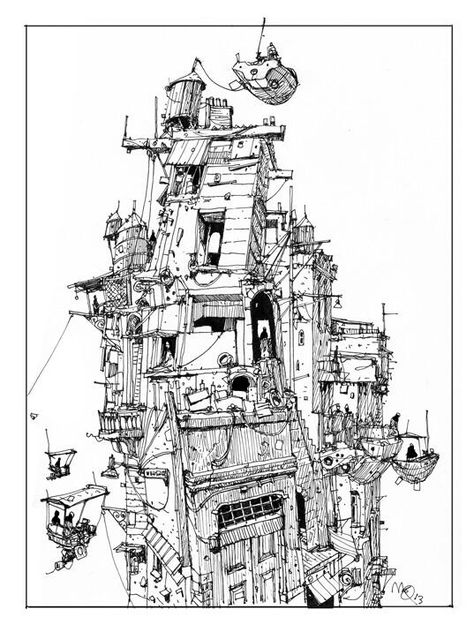 Sketchbook: Tower. Ian Mcque, Environment Sketch, Urban Sketch, White Drawing, Ink Sketch, Black And White Drawing, Urban Sketching, Environment Design, Illustration Sketches