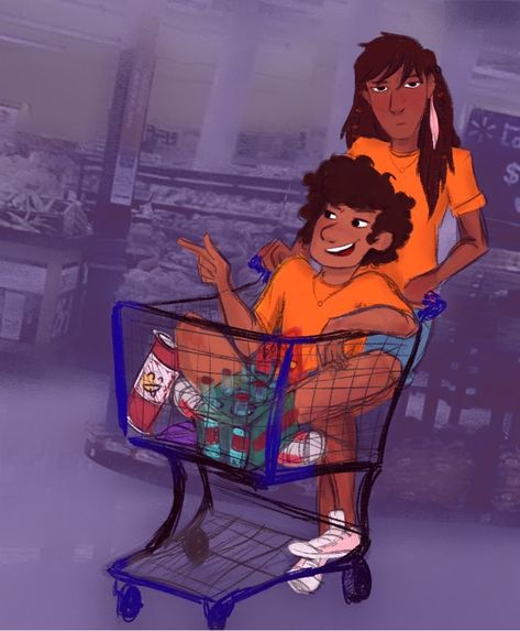 Piper McLean from Heroes of Olympus Series is driving Leo Valdez inside a market cart Piper Mclean And Leo Valdez, Piper And Leo Fan Art, Leo Valdez And Piper Mclean, Leo And Piper Fanart, Piper Mclean Fan Art, Leo Valdez Fan Art, Piper And Leo, Greece Gods, Riordanverse Fanart