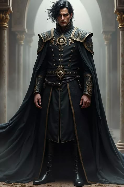 King Fantasy Outfit, Black Gold Suit Men, King Clothes Aesthetic, Prince Fantasy Outfit, Sorcerer Armor, Emperor Outfit, Fantasy Emperor Outfit, Royal Medival Outfits Male, Paladin Outfit