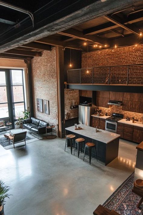 "Embrace the raw beauty of exposed materials and open spaces in a Modern Industrial Loft! 🏙️🛠️ This design offers a perfect blend of industrial charm and modern comfort. 🌿✨ #IndustrialDecor #LoftInspiration #ModernHome" Warehouse Loft Apartment, Industrial Loft Apartment, Loft Apartment Industrial, Loft Aesthetic, Modern Industrial Loft, Warehouse Loft, Converted Warehouse, Loft Inspiration, Industrial Style Interior