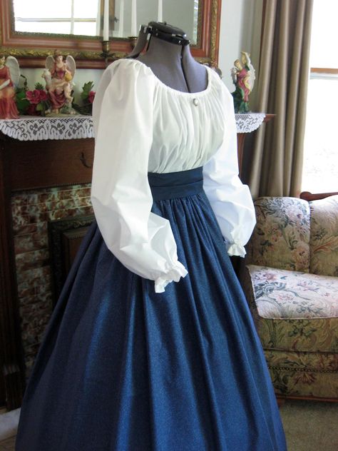 Victorian Era Dresses Simple, 1800s Fashion Poor, Late 1800s Dresses, Victorian Era Clothing, Blue Victorian Dress, 1800 Dress, Pioneer Dresses, 1840 Dress, 1800s Dresses