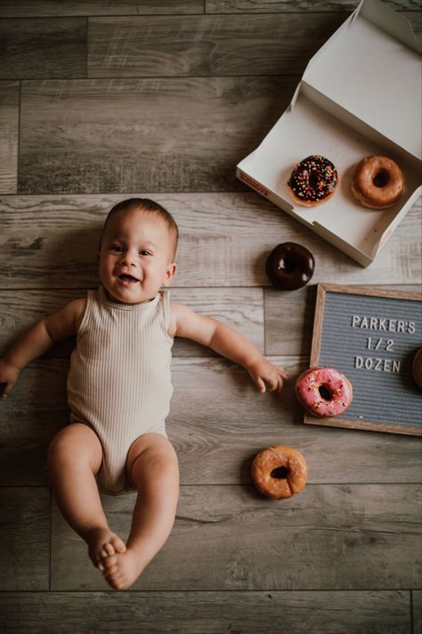 6 Month At Home Photos, 6 Month Milestones Pictures, 6 Month Donut Pictures, Donut Baby Photoshoot, Half Dozen Donut Photoshoot, Happy Half Dozen, 6 Month Old Milestones Photo Ideas, At Home 6 Month Photoshoot, 4 Month Picture Ideas