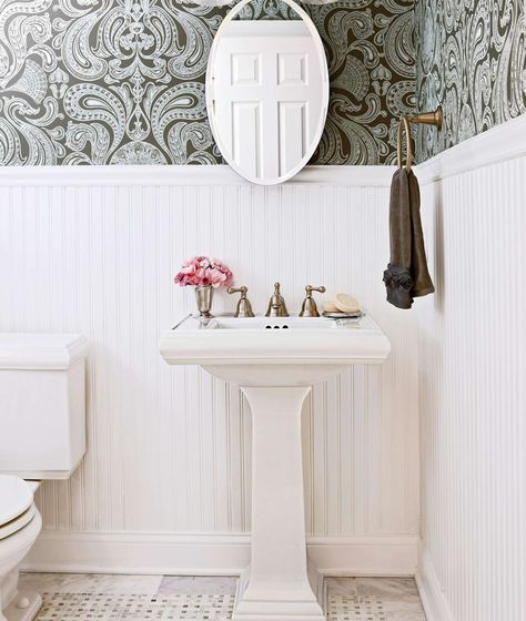 bathroom-bead-board-wallpaper-1275f41c Classic Powder Room, Wallpaper Accent Wall Bathroom, Beadboard Wallpaper, Beadboard Bathroom, Powder Room Wallpaper, Powder Room Makeover, Bathroom Remodels, Bead Board, Trendy Bathroom