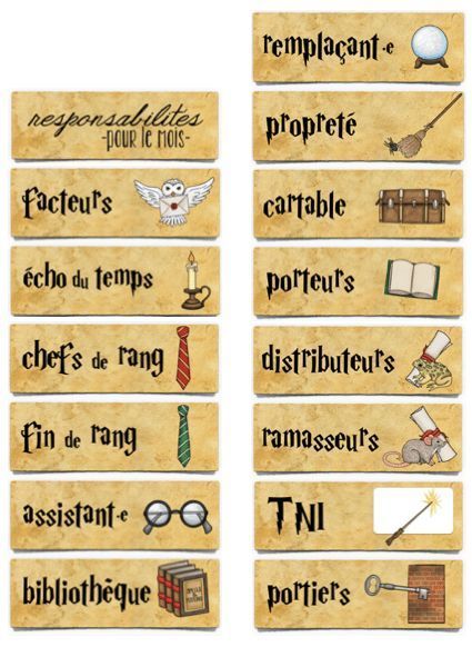 Toujours dans le cadre du thème Harry Potter que je vais suivre l’an prochain, je vous propose aujourd’hui mon tableau des responsabilités version « sorciers ». Il est double. 1. La première partie es Harry Potter Christmas Diy, Harry Potter Classroom Theme, Harry Potter Classes, Classe Harry Potter, Imprimibles Harry Potter, Harry Otter, Harry Potter School, Harry Potter Classroom, Scrapbook Organization