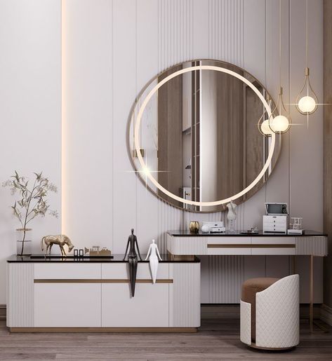 Contemporary Dressing Table Design, Round Mirror Dressing Table, Contemporary Dressing Tables, Vanity Collections, Luxury Dining Room Decor, House Bathroom Designs, Mirror Dressing Table, Bedroom Vanity Set, Table Design Ideas