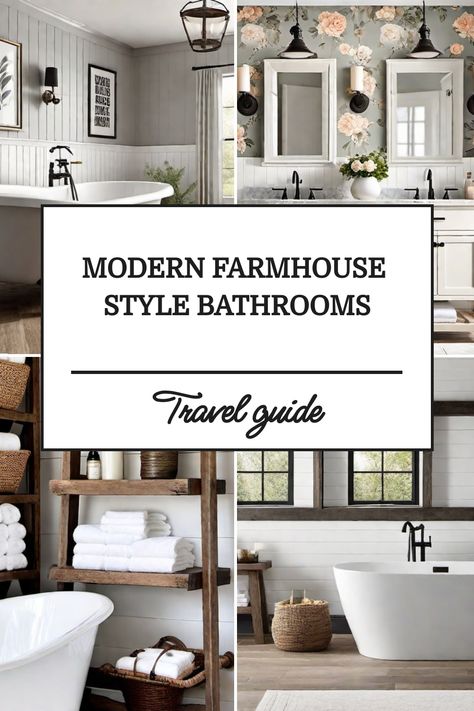 Modern farmhouse style bathroom inspiration with wood accents and floral wallpaper, featuring bathtubs, sinks, and storage solutions. Dark Vanity Bathroom Ideas Farmhouse, Mather Bathroom Ideas, Farmhouse Bathroom With Wood Vanity, Modern Mountain Home Bathroom, Young Adult Bathroom Ideas, Black And White Master Bath Ideas, Open Concept Bathroom Design, Master Bathrooms 2024 Trends Farmhouse, Dark Gray Bathroom Ideas