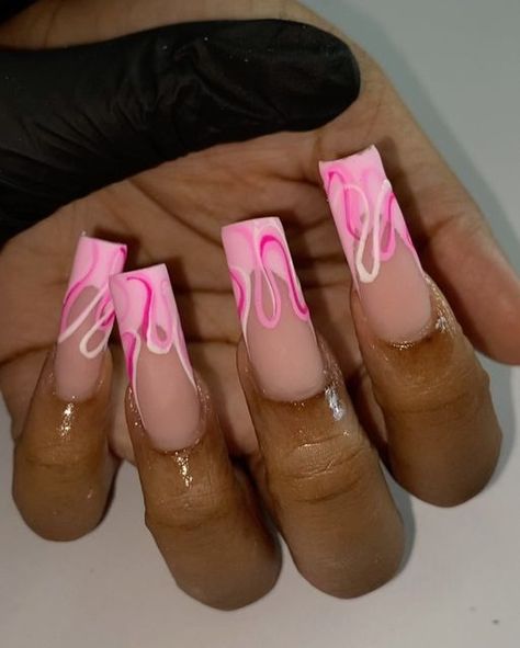 Pink Swirl Nails Coffin, Pink Nails White Swirls, Hot Pink Nails Swirls, Pink Spiral Nails, Pink Nail Swirls, Pink Nail Sets, Fully Booked, Nail Sets, Pink Swirls