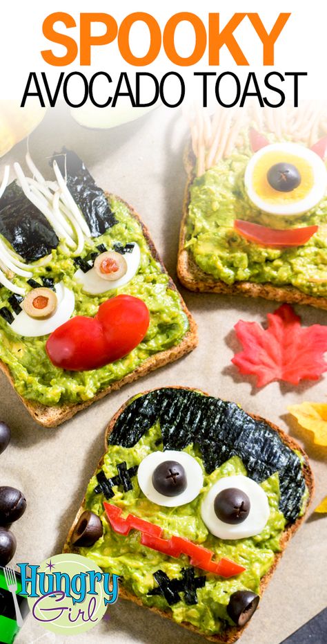 Spooky Avocado Toast + More Fun Recipes for Halloween | Hungry Girl Halloween Fingerfood, Menu Halloween, Halloween Breakfast, Healthy Halloween Treats, Recipe Builder, Fun Halloween Food, Healthy Halloween, Hungry Girl, Mashed Avocado