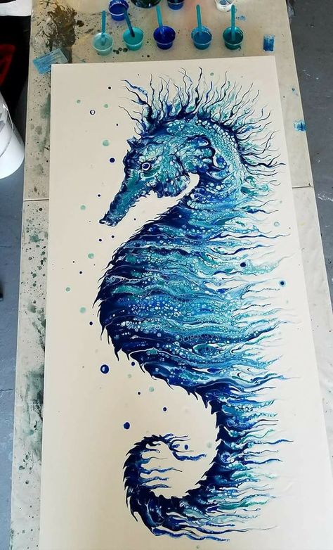 Art Painting Techniques, Abstract Art Painting Techniques, Flow Painting, Soyut Sanat Tabloları, Acrylic Pouring Art, Pouring Painting, Sea Horse, Pouring Art, Pour Painting