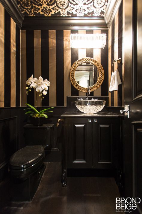 Beyond Beige Interior Design | beyondbeige.com | Powder Room Small Powder Bathroom, Small Powder Bathroom Ideas, Powder Bathroom Ideas, Black Powder Room, Luxury Powder Room, Dark Bathroom Ideas, Powder Bathroom, Bathroom Decor Themes, Dark Bathrooms