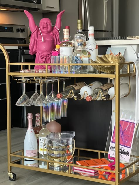 At Home Bar Cart Ideas, Bar Cart Small Apartment, Gold Accent Apartment, Colorful Bar Cart Styling, Home Bar Trolley, Bar Cart Decorations, Fun Bar Cart, Eclectic Bar Cart, Bar Cart Set Up