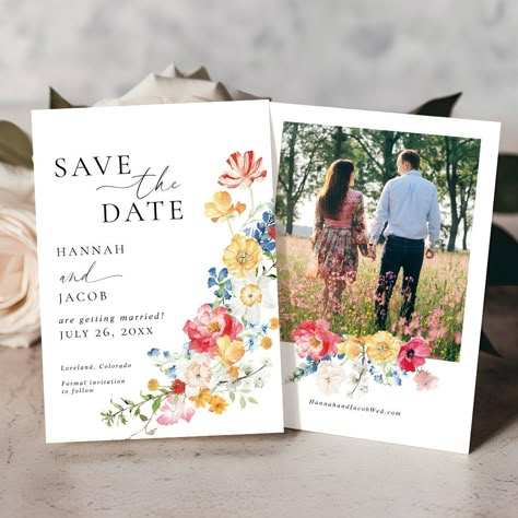 Colorful Wildflower Photo Wedding Save The Date Sabe The Date, Wildflower Wedding Theme, Colorful Wedding Invitations, Wildflower Photo, Garden Theme Wedding, 2025 Wedding, Floral Save The Dates, Temple Wedding, June Wedding