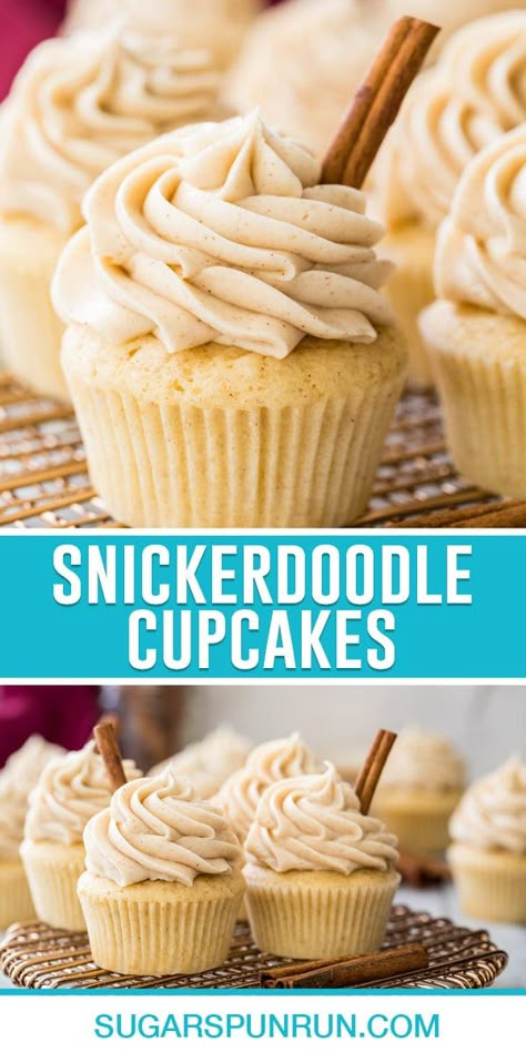 These soft and moist Snickerdoodle Cupcakes are a new take on the classic cookie. They're topped with a smooth and creamy cinnamon frosting that's so quick easy to make. Recipe includes a how-to video! Snickerdoodle Desserts, Snickerdoodle Cupcakes, Cinnamon Frosting, Sugar Spun Run, Cinnamon Cupcakes, Easy Cupcakes, Easy Cinnamon, Cupcake Frosting, Classic Cookies