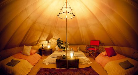 glamping-holidays-alford-surrey Cosy Tent, Bell Tent Interior, Tent Interior, Glamping Uk, Bell Tent Glamping, Bell Tent Camping, Surrey England, Tent Campers, Tent Decorations