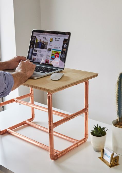 Be more productive AND more healthful...in style! Stylish Standing Desk, Standing Desk Plans, Diy Standing Desk Plans, Diy Crafts For Men, Crafts For Men, Classy Desk, Standing Desk Riser, Neat Desk, Diy Standing Desk