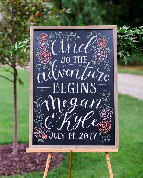 colorful chalkboard wedding welcome sign and so the adventure begins Wedding Chalk Board, Wedding Chalkboard Welcome Sign, Engagement Chalkboard Signs, Wedding Chalkboard Ideas, Wedding Welcome Chalkboard, Wedding Signs For Reception Chalkboard, Welcome To Our Wedding Chalkboard Sign, Wedding Chalk Art, Colorful Chalkboard