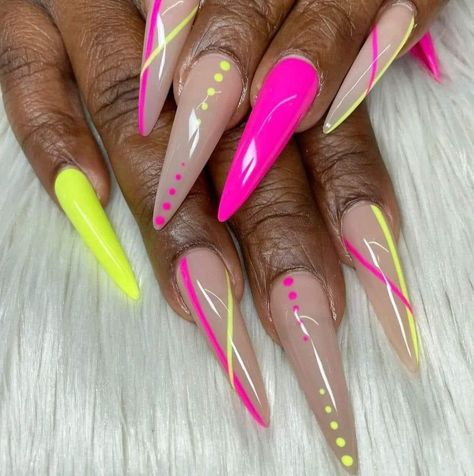 Long Almond Pink Nails, Neon Vacation Nails, Stilleto Nails Designs Summer, Girly Habits, Pink Vacation Nails, Summer Stiletto Nails, Stilleto Nails Designs, Dot Nails, 2023 Nails