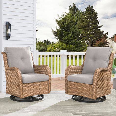 Relax in ultimate comfort and style with the Pocassy Outdoor Wicker Glider Swivel Club Chairs. Expertly handwoven from all-weather resin wicker over a sturdy powder-coated steel frame, these chairs are built to last. Feature Armchair, Swivel Club Chairs, Porch Furniture, Wicker Chairs, Outdoor Rocking Chairs, Rocking Chairs, Chair Dimensions, Chair Types, Grey Cushions