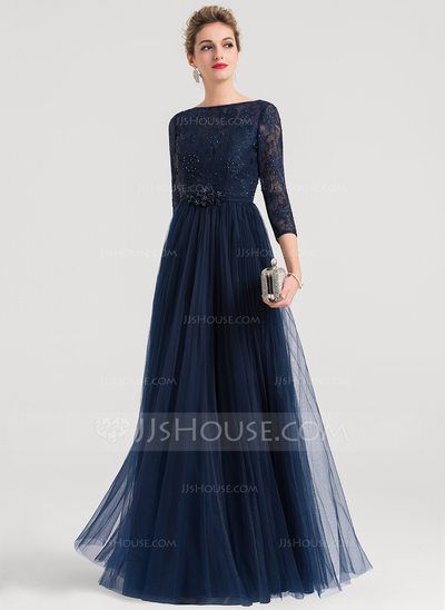 [R 2400] A-Line/Princess Scoop Neck Floor-Length Tulle Evening Dress With Beading (017147949) Lace Evening Dresses With Sleeves, Modest Gowns, Krishna Birth, Western Gowns, Sapphire Dress, Gowns Blue, Tropical Dresses, Net Gowns, Cape Wedding Dress