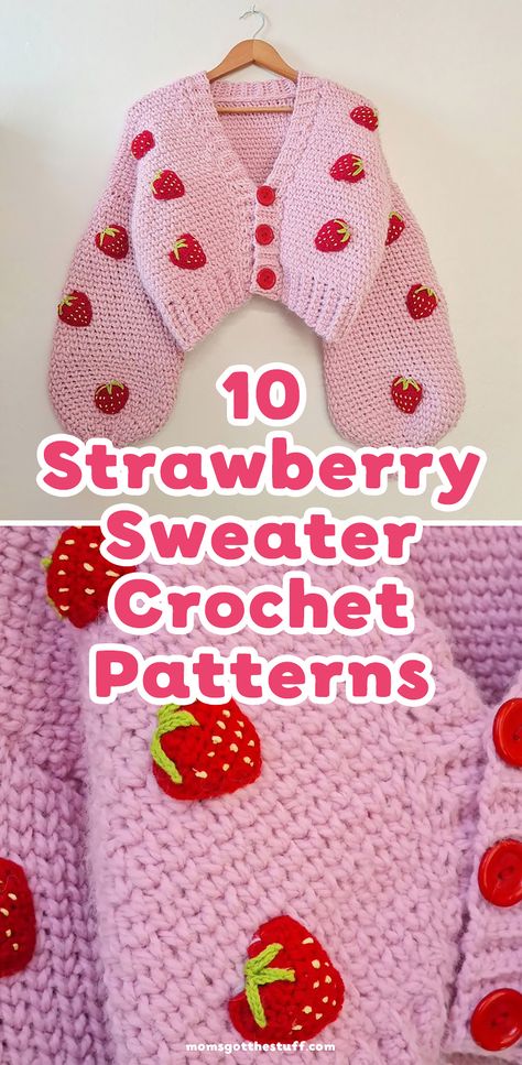 Get ready to create something incredibly cute with these sweet strawberry crochet sweater patterns. Whether you are looking to make something special for yourself or a loved one, this quick and easy crochet pattern is just perfect. Crochet Patterns For Gifts Ideas, Strawberry Sweater Crochet Pattern, Crochet Sweater Strawberry, Strawberry Sweater Pattern, Kawaii Crochet Clothes Pattern Free, Strawberry Crochet Top Pattern, Crochet Strawberry Cardigan Pattern Free, Strawberry Crochet Cardigan Pattern, Crochet Strawberry Top Pattern Free