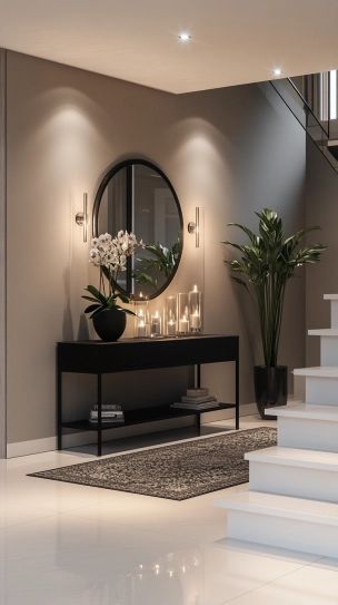 Curved Hallway Ideas, Entry Console Table Decor Modern, Dark Modern Entryway, Entryway Mirror Inspiration, Minimalist Entryway Decor, Small Foyer Ideas Entryway Modern, Luxe Entryway, Foyer Ideas Entryway Modern Luxury, Elegant Entryway Ideas Luxury