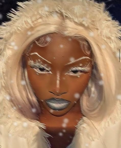 Winter Creative Makeup, Ice Queen Hair, White Makeup Black Women, Winter Inspired Makeup, Yeti Makeup, White Elf Makeup, White Makeup Looks Black Women, White Christmas Makeup, Frost Bite Makeup