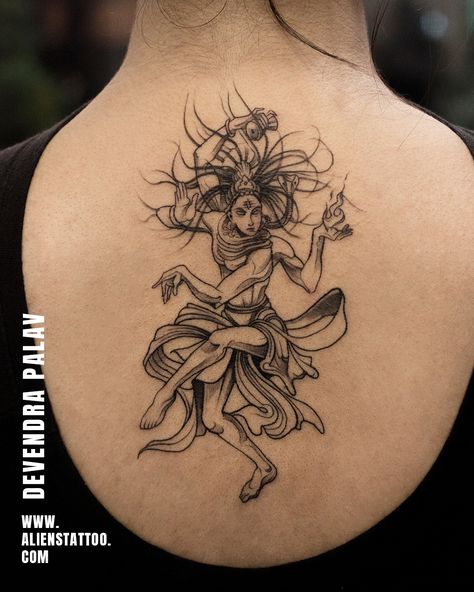 Beautifully executed lineart Nataraja Tattoo by Devendra Palav at Aliens Tattoo Nataraj Tattoo, Nataraja Tattoo, Traditional Tattoo Tutorial, Aliens Tattoo, Kali Tattoo, Hindu Tattoos, Hindu Tattoo, Tattoo On Back, Buddha Tattoos