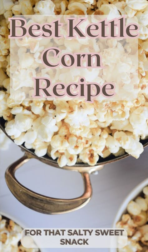 If you love fair foods, then this easy homemade kettle corn recipe is for you! A perfectly salty and sweet popcorn that has an amazing crisp outer layer, making it irresistible to stop at one batch! Homemade kettle corn popcorn is the best yummy snack, or finger food for kids and adults. Made on the stovetop with healthy ingredients, this perfect popcorn is the perfect appetizer for movie night, gameday, or any meal of the week! How To Make Gourmet Popcorn, Popping Corn On The Stove, Best Kettle Corn Recipe, Best Homemade Popcorn, Sweet Salty Popcorn, Homemade Kettle Corn Recipe, Home Made Kettle Corn, Stove Top Kettle Corn, Stovetop Kettle Corn Recipe