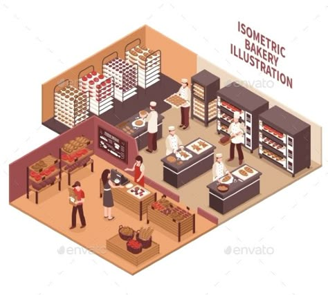 Bakery interior isometric vector illustration with professional ovens shelves with bread goods and trading room. Editable EPS and Bakery Room Design, Food Shop Design, Bakeries Design, Bakery Design Ideas, Bakery Oven, Isometric Bakery, Cake Shop Design, Bakery Shop Interior, Modern Bakery