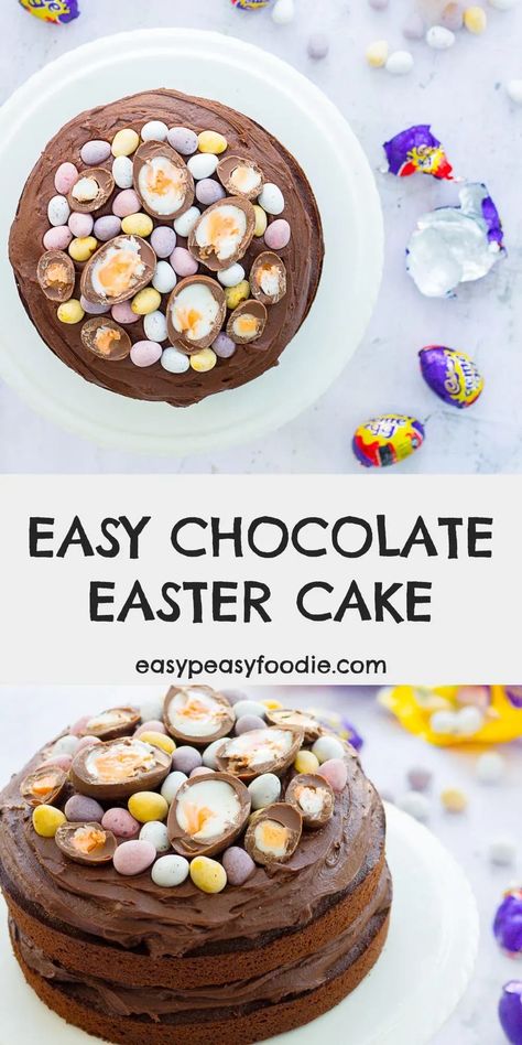 A delicious chocolate sponge cake, decorated with chocolate buttercream, Cadbury’s Creme Eggs and Mini Eggs! This Chocolate Easter Cake is quick and simple to make, and requires no special equipment. An ideal cake to make with kids! #easterchocolatecake #eastercake #easyeastercake #cremeeggcake #minieggcake #cremeeggs #minieggs #cadburyscremeeggs #cadburysminieggs #cadburys #easterfood #easterdessert #easyeasterdessert #eastertreats #easterrecipe #easterbaking #bakingwithkids #easypeasyfoodie Creme Egg Cake, Easter Bake, Mini Eggs Cake, Cake Cravings, Easter Cake Easy, Chocolate Easter Cake, Creme Eggs, Easy Easter Desserts, Kids Baking