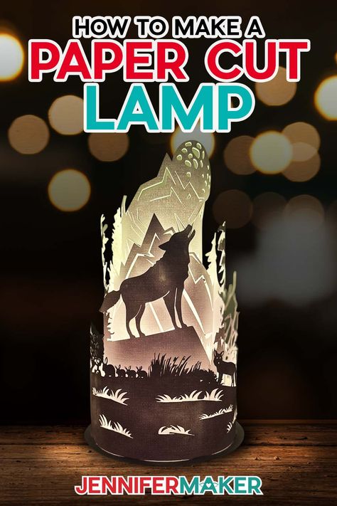 Pinterest link for an illuminated paper cut lamp showing a wilderness wolf scene tutorial. Cricut Paper Projects, Silhouette Lamp, Diy Lamp Ideas, Scene Tutorial, Pvc Crafts, Diy Backdrop Stand, Diy Retaining Wall, Circuit Machine, Chair Socks