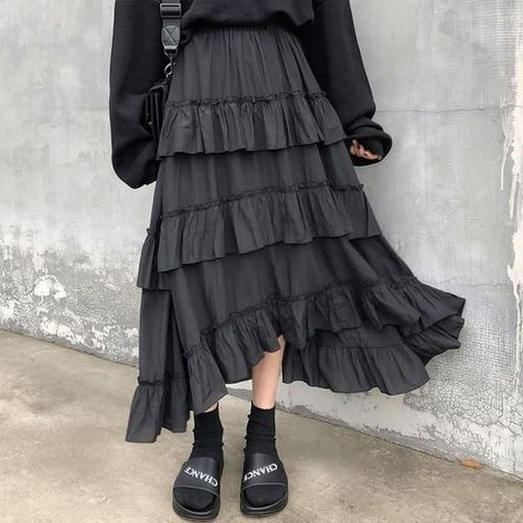 Long Ruffled Skirt, Ruffle Skirts, Goth Skirt, Asymmetrical Midi Skirt, Ruched Midi Skirt, Skirts Women, Womens Maxi Skirts, Dress Cake, Long Skirts For Women