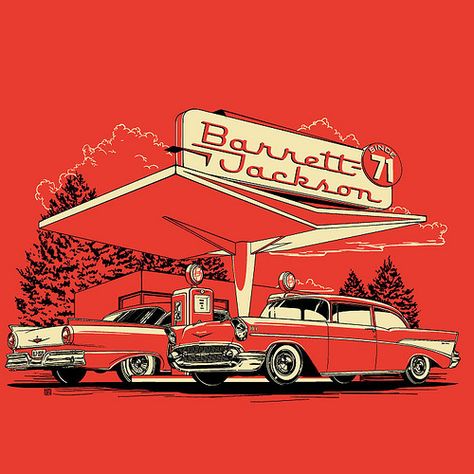 Barrett-Jackson Gas Station Country Gas Station, Vintage Gas Station Illustration, Vintage Car Garage, Old Gas Stations Vintage, Vintage Gas Station Air Pump, 1960s Gas Station, Googie Architecture, Vintage Diner, Vintage Gas Pumps