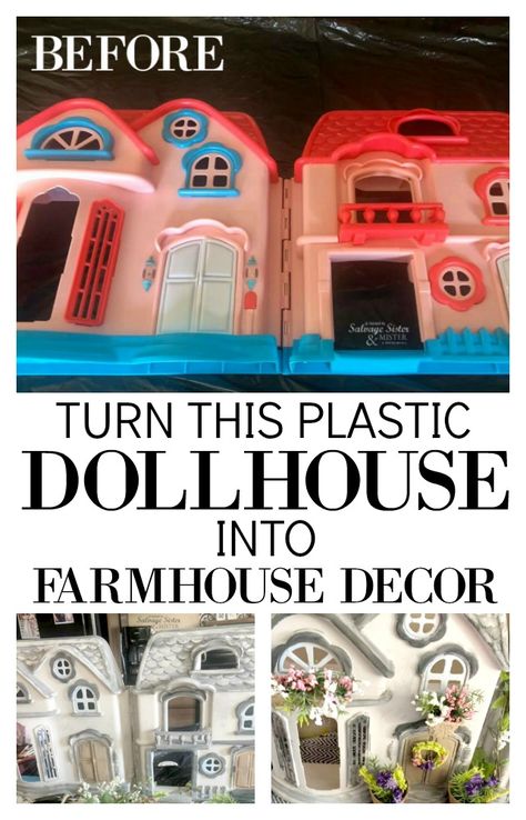 Repurposed Dollhouse Upcycling, How To Paint Plastic Toys, Plastic Dollhouse Makeover Diy, Painting A Dollhouse, Fisher Price Dollhouse Makeover, Upcycle Dollhouse, Dollhouse Upcycle, Plastic Dollhouse Makeover, Dollhouse Renovation Diy