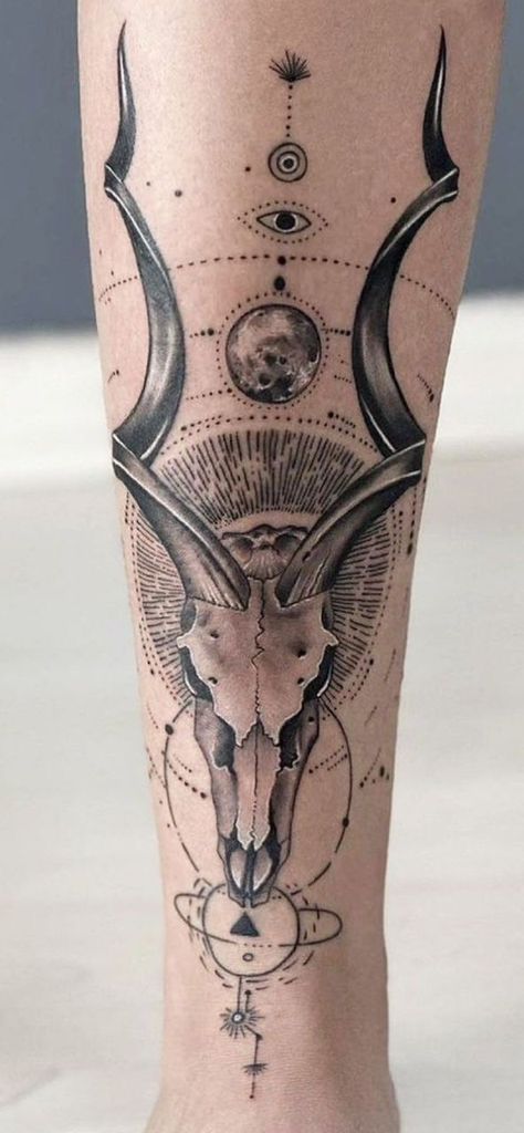 Mountain Leg Tattoo, Tattoo Guy Aesthetic, Capricorn Tattoo Designs, Buck Skull, Minimalist Symbols, Capricorn Tattoo, Tattoo Sleeve, Thigh Tattoo, The Goat