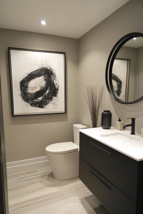 White And Black Powder Room Ideas, Modern Guest Half Bathroom, Office Powder Room Ideas, Tan Half Bathroom Ideas, Half Bath Makeover Modern, Bathroom Remodel With Waynes Coating, Toilet Across From Vanity, Main Floor Powder Room, Aesthetic Half Bathroom