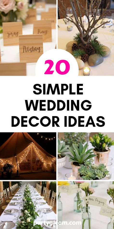 Planning your dream wedding? These 20 simple wedding decor ideas will help you create a charming and memorable atmosphere. From personal touches with place cards to magical fairy lights that inspire a fairy-tale ambiance, find ways to express your unique style! Incorporate natural elements with foliage down the tables or cute succulent centerpieces. Let your creativity flow while keeping it budget-friendly. Get ready to impress your guests with these easy but stunning decor ideas to make your big day extraordinary. Table Centerpieces For Rectangle Table, Houseplant Wedding Decor, Simple Greenery Wedding Centerpieces, Minimal Table Decor Wedding, Minimalist Wedding Centerpieces, Simple Wedding Decor Ideas, Simple Wedding Theme, Simple Wedding Table Centerpieces, Wedding Centerpieces Simple