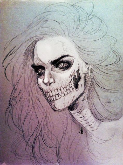 Skeleton girl drawing with watercolour hair Arte Doodle, Art Et Illustration, Art And Illustration, Pablo Picasso, Skull Art, A Drawing, Girl Drawing, Dark Art, Drawing Inspiration