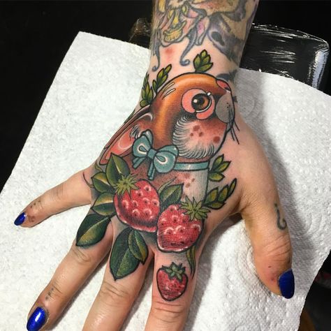 Hand Tattoo Images, Side Hand Tattoos, Colour Tattoo For Women, Strawberry Tattoo, Neo Tattoo, Bunny Tattoos, Rabbit Tattoos, Traditional Japanese Tattoos, Hand Tattoos For Women