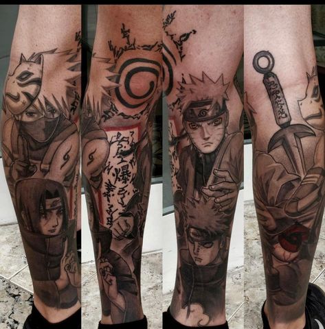 Naruto Leg Sleeve Tattoo, Naruto Leg Tattoo, Naruto Shinigami Tattoo, Anime Leg Tattoo, Anime Leg Sleeve Tattoo, Naruto Sleeve, Pirate Tattoo Sleeve, Mens Owl Tattoo, Bleach Tattoo