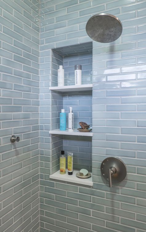 Colorful Shower Tile Ideas, Bathroom Farmhouse Ideas, Blue Shower Tile Ideas, Cape Remodel, Small Bathroom Decoration, Senior Bathroom, Shower Redo, Home Decorating Ideas Living Room, Bathroom Tiles Design