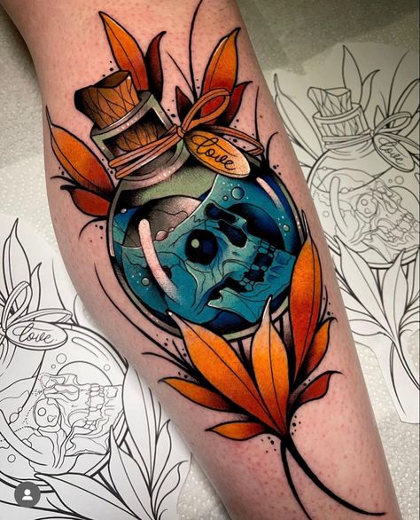 Neo Traditional Tattoo Design, Traditional Tattoo Filler, Neo Traditional Art, Colored Tattoo Design, Neo Tattoo, Lantern Tattoo, Tattoo Apprenticeship, Bottle Tattoo, Tatuaje A Color