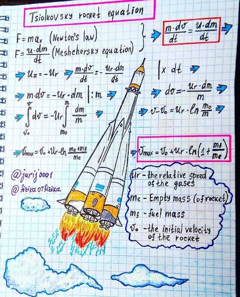 World of Engineering on Instagram: “‪The Tsiolkovsky rocket equation, classical rocket equation, or ideal rocket equation is a mathematical equation that describes the motion…”                        #mars #explore #spaceexploration #planet #occupymars #rockets #rover #nasa #outerspace #science #learning #education #space #geek #nerd  #rocket  #inspiration #marswalkers #spacenews Mechanical Engineering Notes, Physics Projects, Physics Lessons, Physics Concepts, Learn Physics, Engineering Notes, Physics Formulas, Design Engineer, Physics Notes