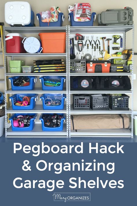 Pegboard Hack & Organizing Garage Shelves - creatingmaryshome.com Pegboard Hacks, Organizing Garage, Garage Redo, Garage Organizing, Garage Attic, Garage Shelves, Attic Doors, Pegboard Organization, Declutter Challenge