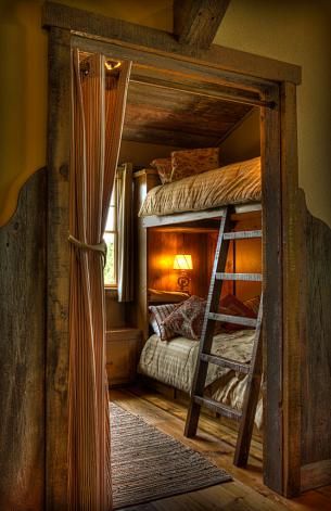 bunk room ideas; great use of an extra room that you may not know what to do with. Guest bunks! Rustic Cabin Bedroom, Interior Design Blogs, Cabin Bedroom, Bunk Rooms, Bunk Beds With Stairs, Cabin Interiors, Cabin Living, Bunk Room, Bunk House