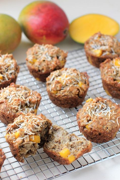 These mango muffins have a tropical theme; they're loaded with banana, coconut, dates, and juicy chunks of fresh mango. Oats and flax seeds give them a fiber and nutrient boost. They're an easy one-bowl muffin with fantastic flavor. Coconut Dates, Mango Muffins, Yogurt Muffins, Coconut Muffins, Baking Bread Recipes, Muffin Man, Flax Seeds, Banana Coconut, Baking Bread