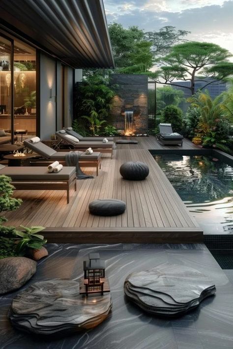 Pool Area Ideas, Pool Decor Ideas, Modern Decks, Tranquility Garden, Deck Decor Ideas, Pool Deck Decor, Pool Plants, Moderne Pools, Modern Chaise