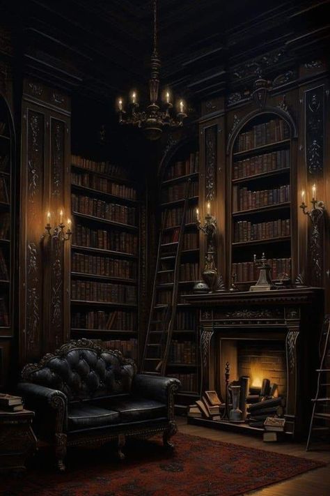 Dark Victorian Library, Dark Castle Library, Dark Fantasy Interior, Dark Manor Aesthetic, Parsons Manor, Dark Castle Aesthetic Interior, Victorian Bookshelf, Gothic Castle Interior, Castle Aesthetic Interior