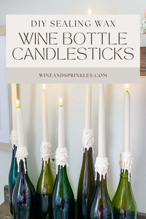 How to make wine bottle candle holder centerpieces with dripping wax LED taper candles using sealing wax, wine bottles, and air dry clay for Valentine's Day table centerpieces and to use for other parties and events too! Wine Bottle Melted Candle, Wine Bottle Candle Holders Diy, Table Centerpieces For Weddings, Wine Bottle Candle Holders, Wine Bottle Candle Centerpiece, Diy Taper Candles, Diy Candle Stick Holder, How To Make Wine, Wine Bottle Candle Holder